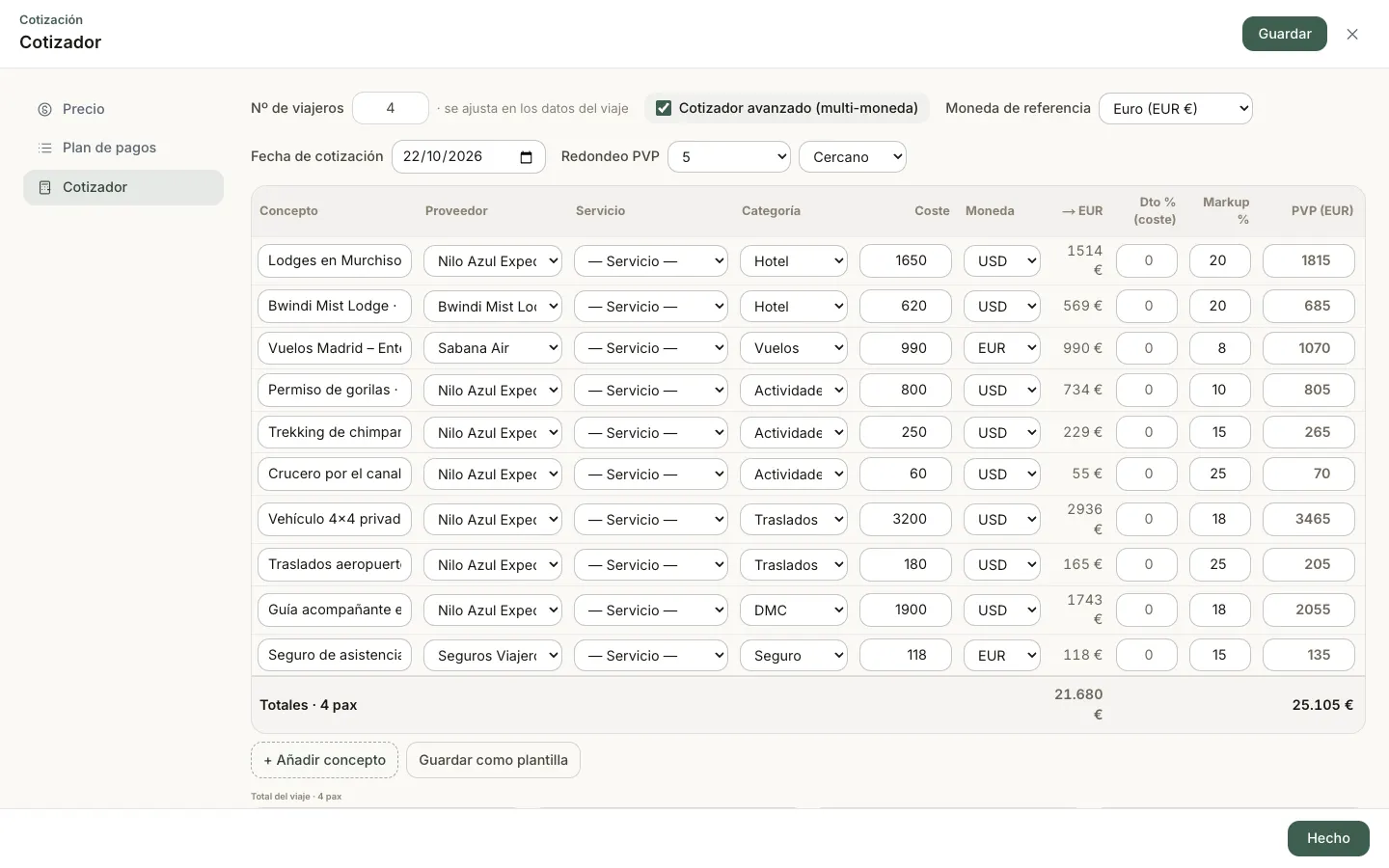 Quote builder with costs, margin and selling price